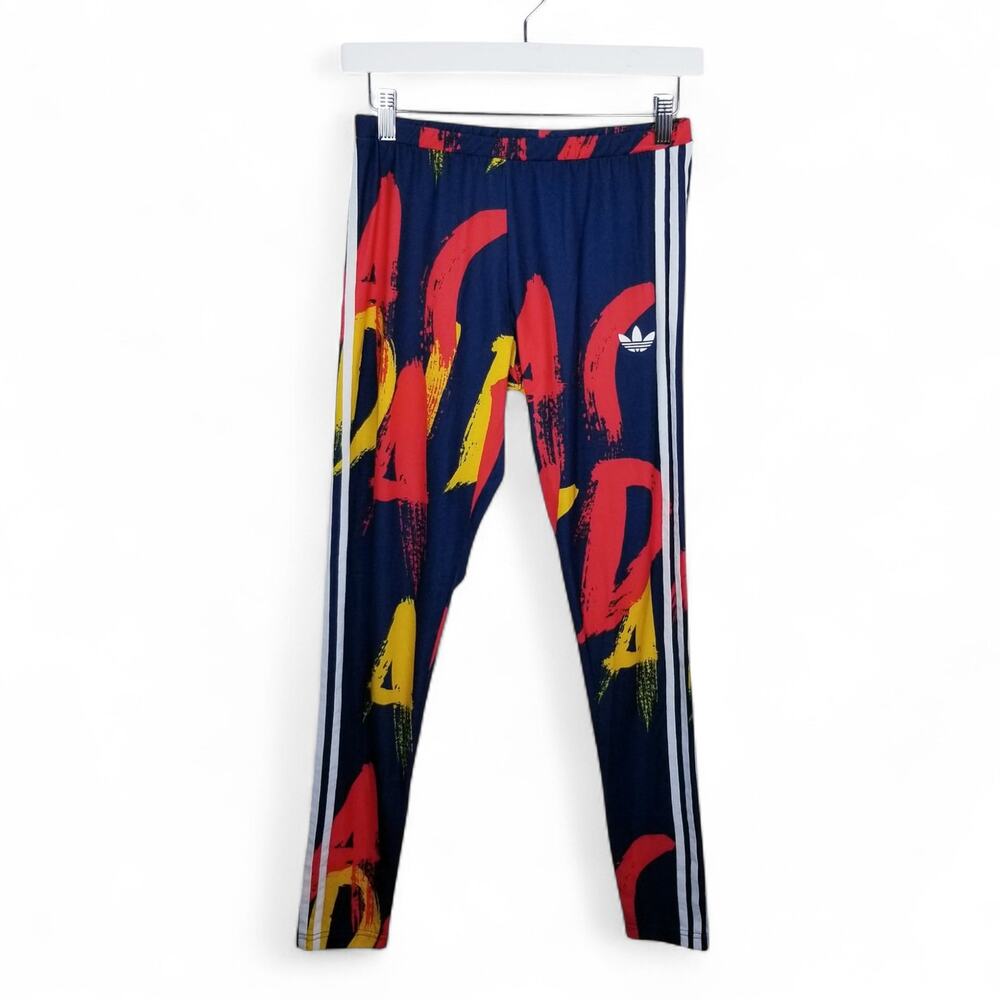 ADIDAS Paris Graphic Print Three Stripe Leggings Navy Red Yellow - Medium - Picture 4 of 12